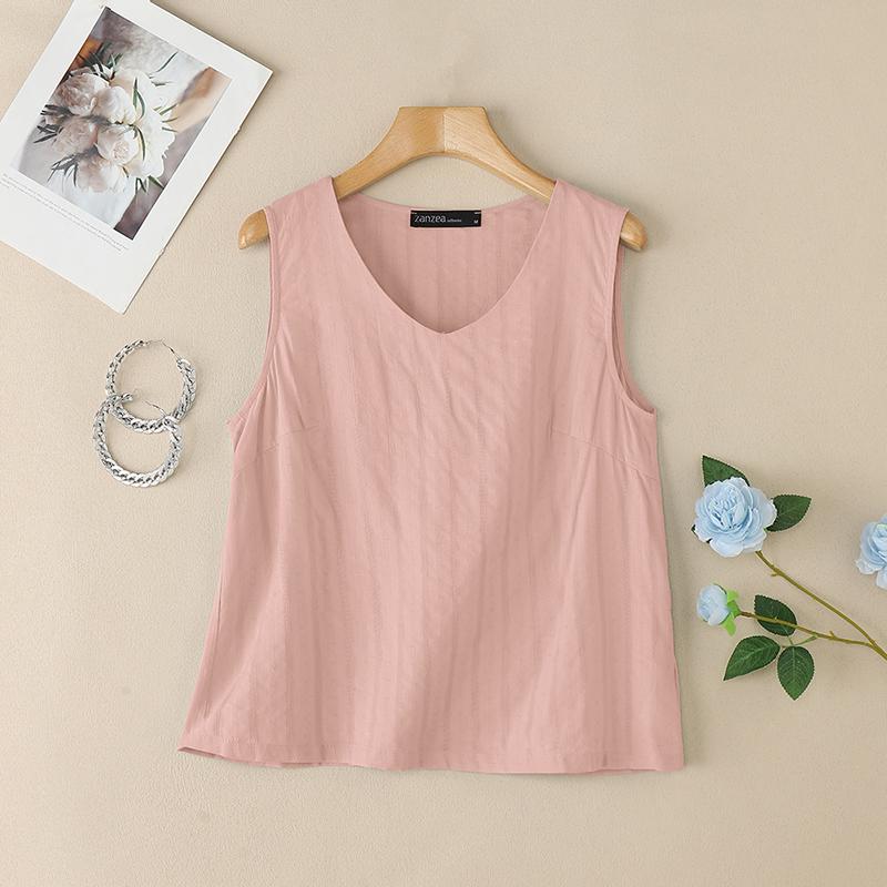 ZANZEA Женские летние топы-майки без рукавов с V-образным вырезом, свободного кроя, в повседневном стиле