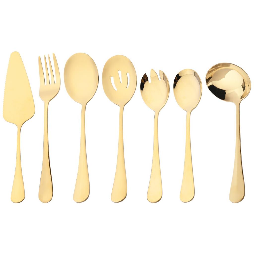 7 шт. золотой набор посуды, посуда из нержавеющей стали, лопаточка для торта, ложка для супа, дуршлаг, ложка, вилка для салата, ложка, набор столовых приборов