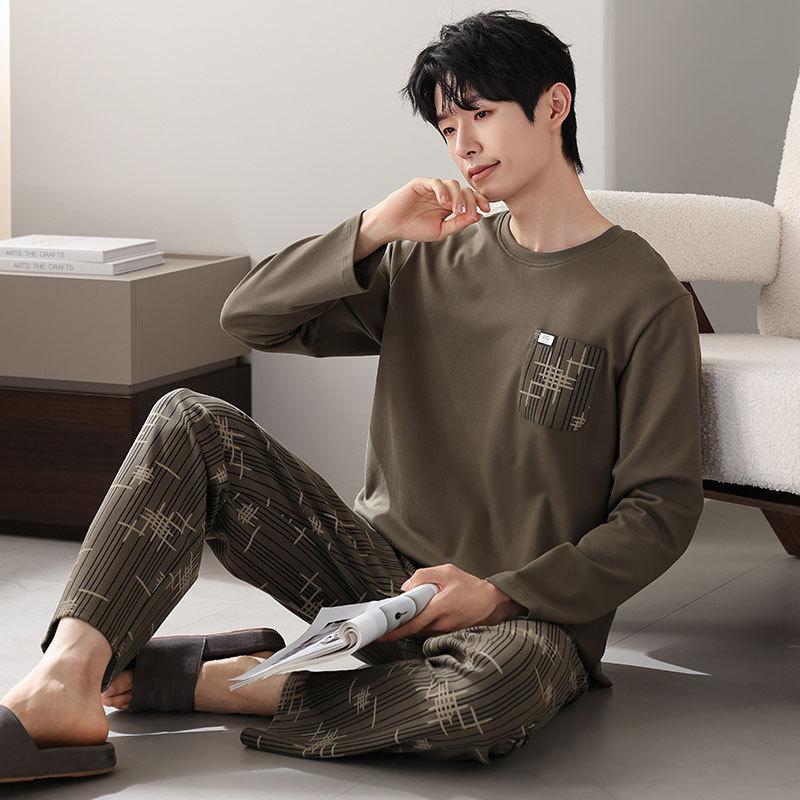 Pajamas Men'S Pure Cotton Long-Sleeved Spring And Autumn Casual Pullover High-End Simple Loungewear Large-Size Set