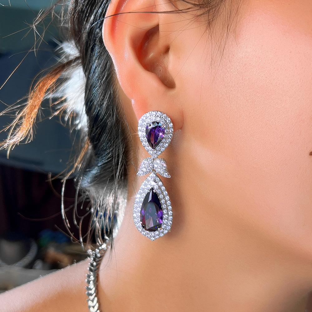 Длинные Тяжелые Промышленные Циркон Капля Воды Грушевидные Фиолетовые Серьги Платье Платье Ужин Свадебные Аксессуары Серьги