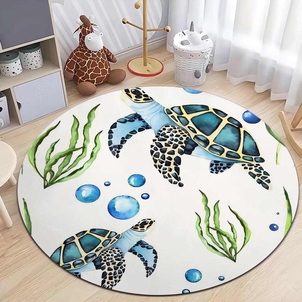Coastal Nautical Beach Art Print Round Rug Floor Carpet Anti Slip Showing Multiple Sea Turtles Coral for Bedroom Interior Decor
