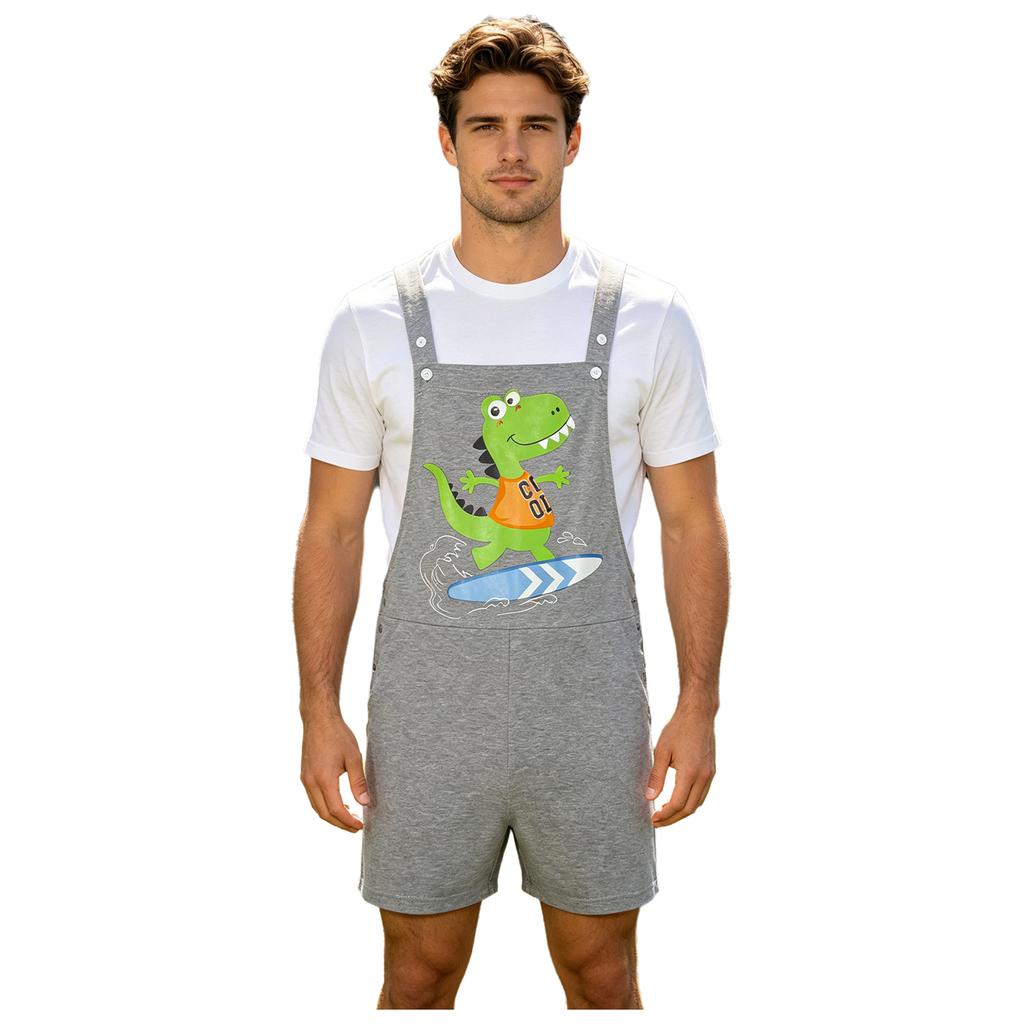S-XXL Men Cartoon Dinosaur Printed Overalls Pajamas Back Color Blocking Pockets Adjustable Straps Bib Shorts Rompers Sleepwear