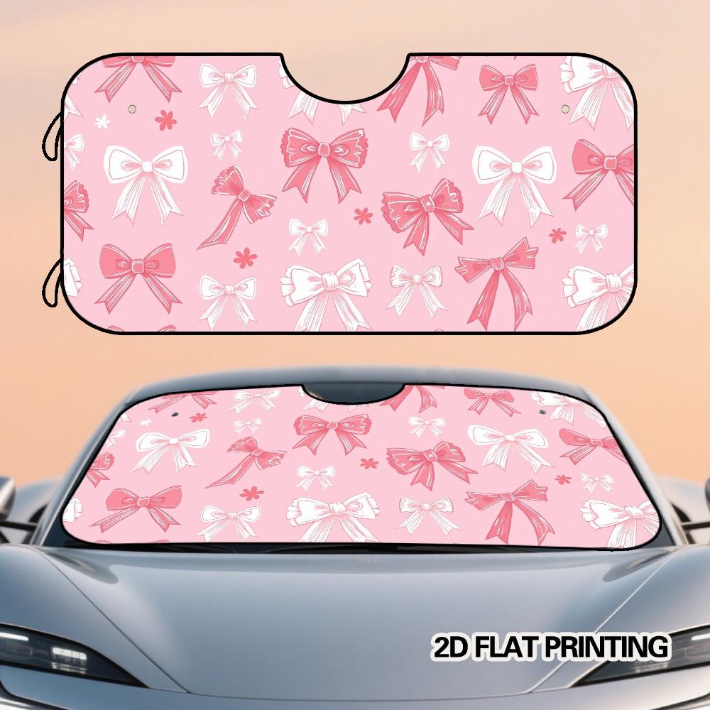 2D Flat Printing, 1pc Pink Ribbons And Bows Design Car Windshield Sunshade, Front Auto Windshield Sun Shade, Folding Sun Visor F