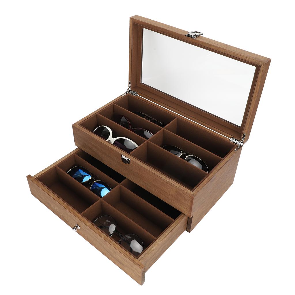 12 Slots Glasses Box Wooden Double Layer Glasses Display Case Box Organizer Decoration
