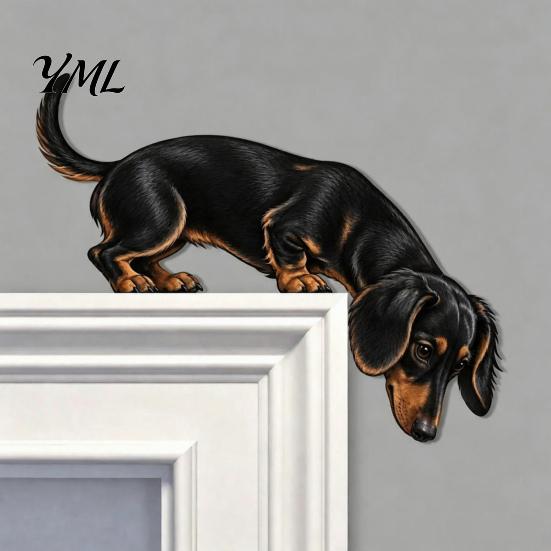Handcrafted Wooden Dog Dachshund Door Topper, Cute Sign, Rustic Wall Art Decor Entryway Ornament for Front Porch, Indoor Outdoor Accent, Gift