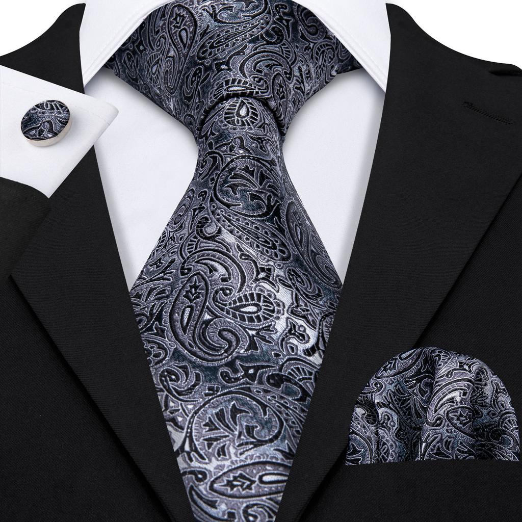 Paisley Mens Blue Tie Set Silk Woven Necktie Handkerchief Cufflinks Wedding Gift