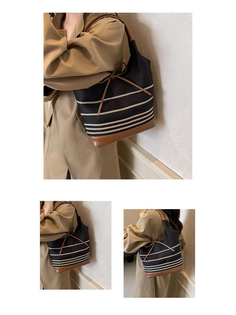 2024 Женская полосатая холщовая сумка-тоут большой вместимости: Осенне-зимняя сумка-ведро для поездок на работу и обратно