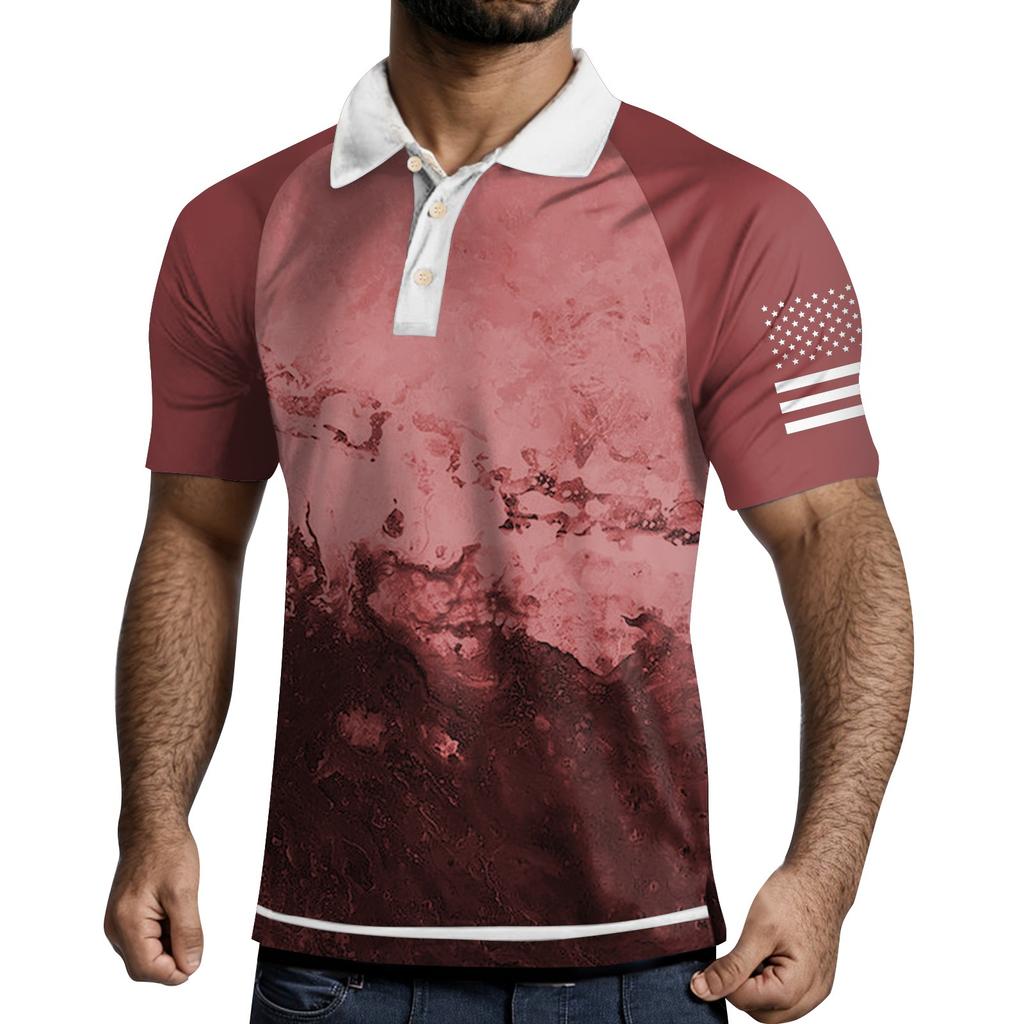 Men's Three Button Printed Lapel Short Sleeve Shirt Top