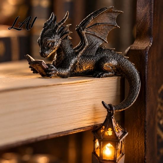 Dragon Sculpture with Lantern Reading Bookshelf Light Resin Fantasy LED Gothic Mysterious Atmosphere Lighting Lamp for Home Library Desk and