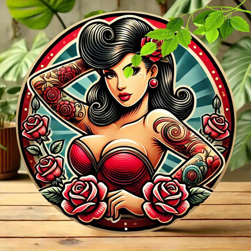 Пк Винтажная Pin-Up Девушка Круглая Алюминиевая Табличка xсм Ретро Красное Платье Цветочный Дизайн Яркие Красные Розы Женщина с Татуировками