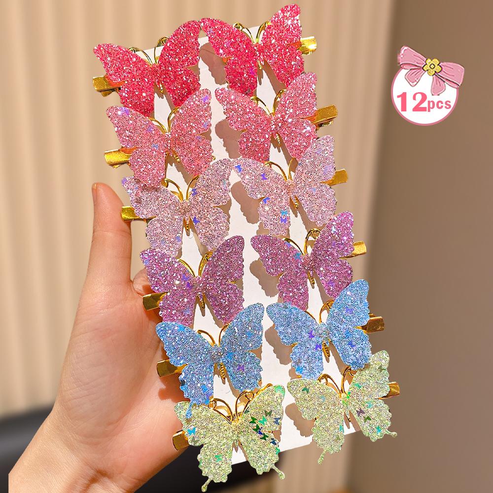 12 pcs Sparkling Pink Butterfly Hair Clips Set for Girls Dazzling Colors Cute Hair Accessories for Daily Use And Parties