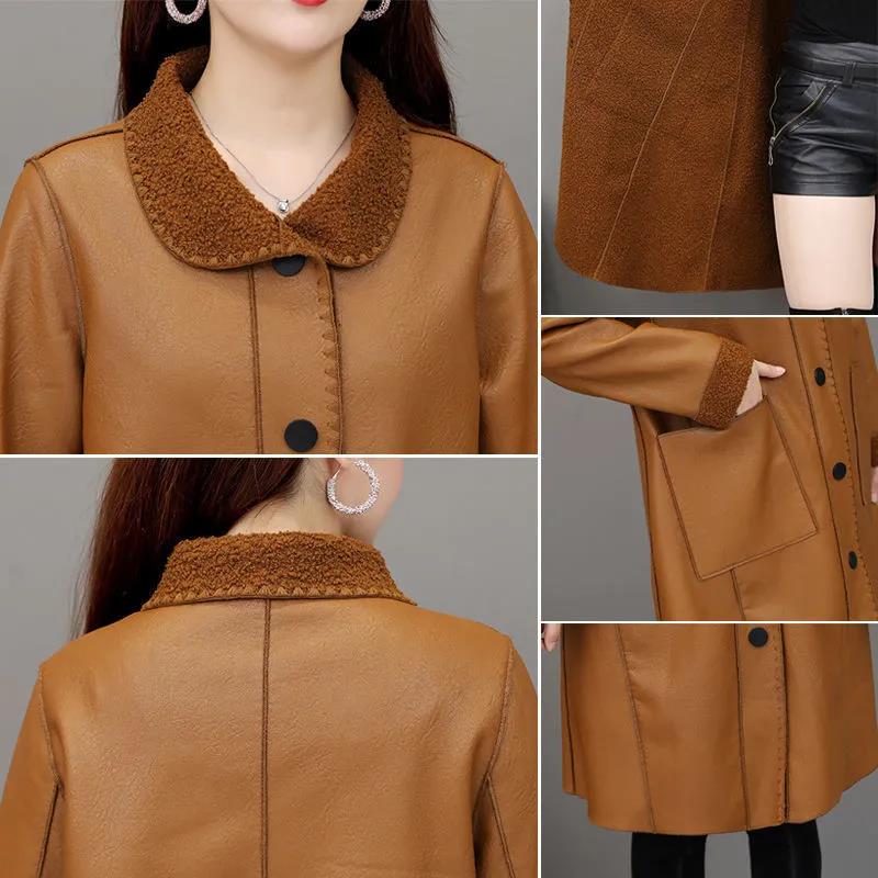 Winter Women's Leather Fashion Fur Coat Lamb Fur Coat Plus Velvet Thickening Medium Long Large Size Leather Coat