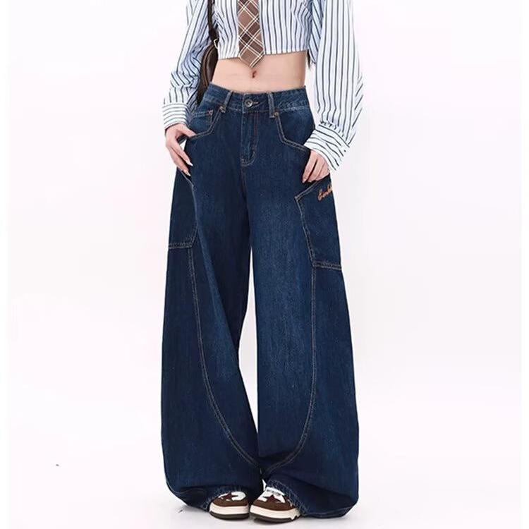 American retro wide-leg jeans women's spring and autumn new scimitar design sense high waist loose long pants