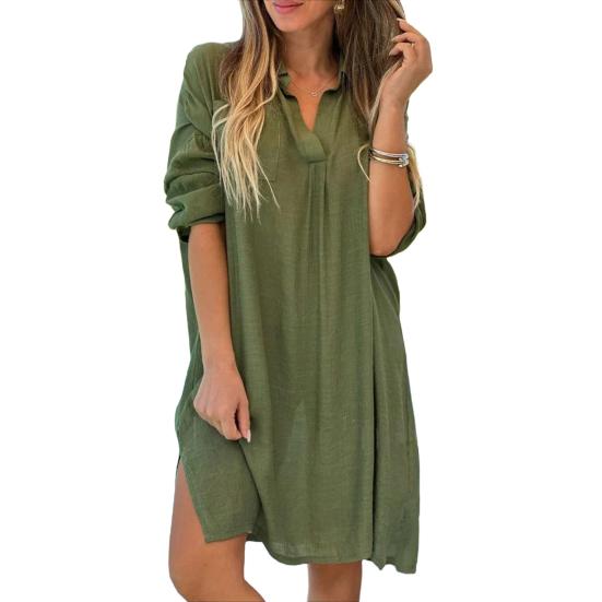 Lady Beach Shirt Dress with Cufflinks Thin Loose Side Slit Midi Dress