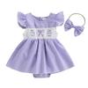 Baby Girls Easter Romper Dress Plaid Printed Flying Sleeve Round Neck Jumpsuit with Bow Headband
