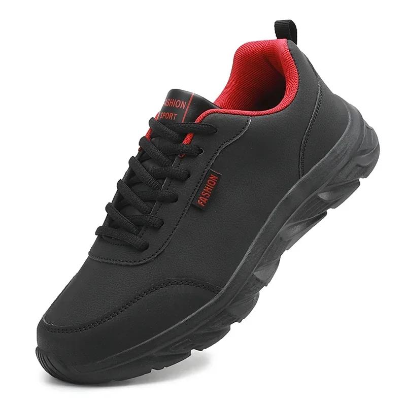 Men's Running Shoes Black PU Upper Flat and Comfortable Walking Shoes Lightweight and Wide Footed Casual Sports Leather Shoes