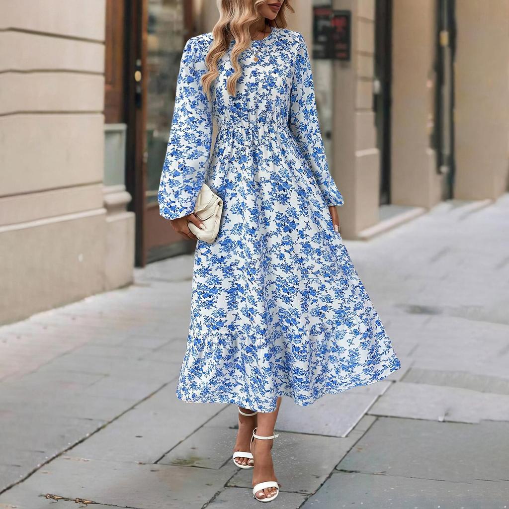 Женское весеннее платье с длинным рукавом и цветочным принтом, О-образным вырезом, летнее повседневное платье А-силуэта длиной до щиколотки, эластичное, с высокой талией, свободное платье