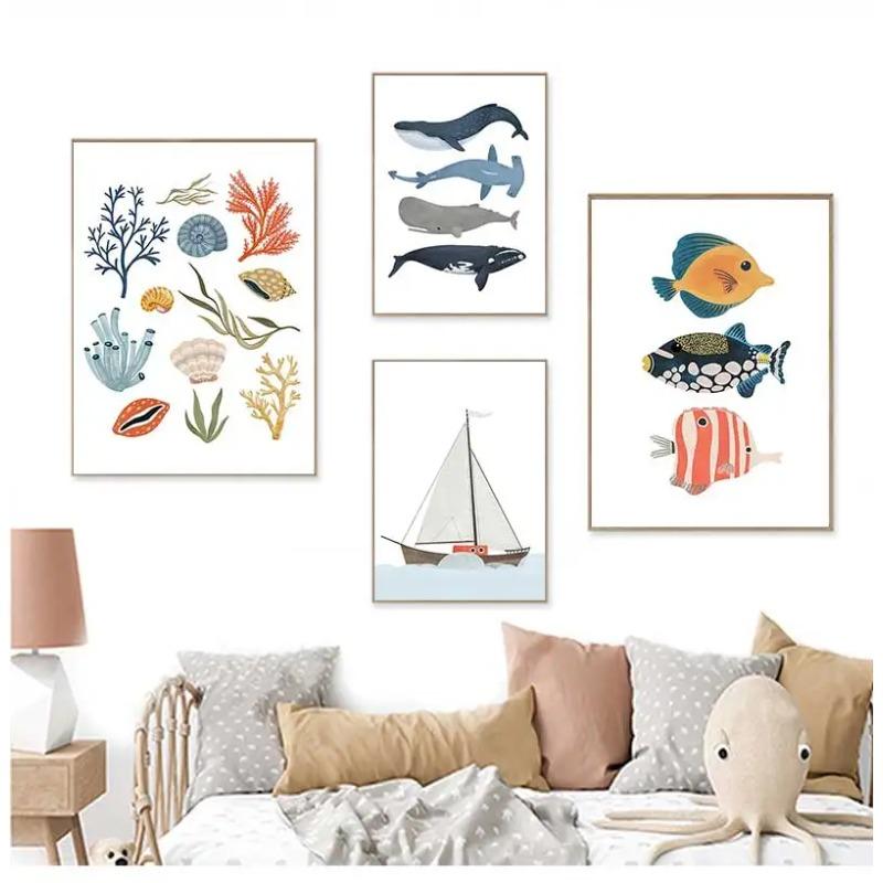 Sailboat Lighthouse Whale Seagull Shell Diver Posters Prints Canvas Painting Nordic Wall Art Pictures Kids Room Home Decor