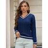 Women V Neck Long Sleeve Pullover Knit Sweater