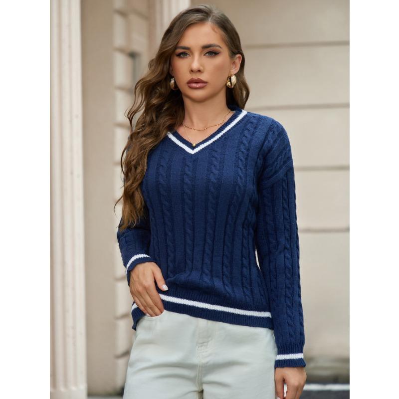 Women V Neck Long Sleeve Pullover Knit Sweater