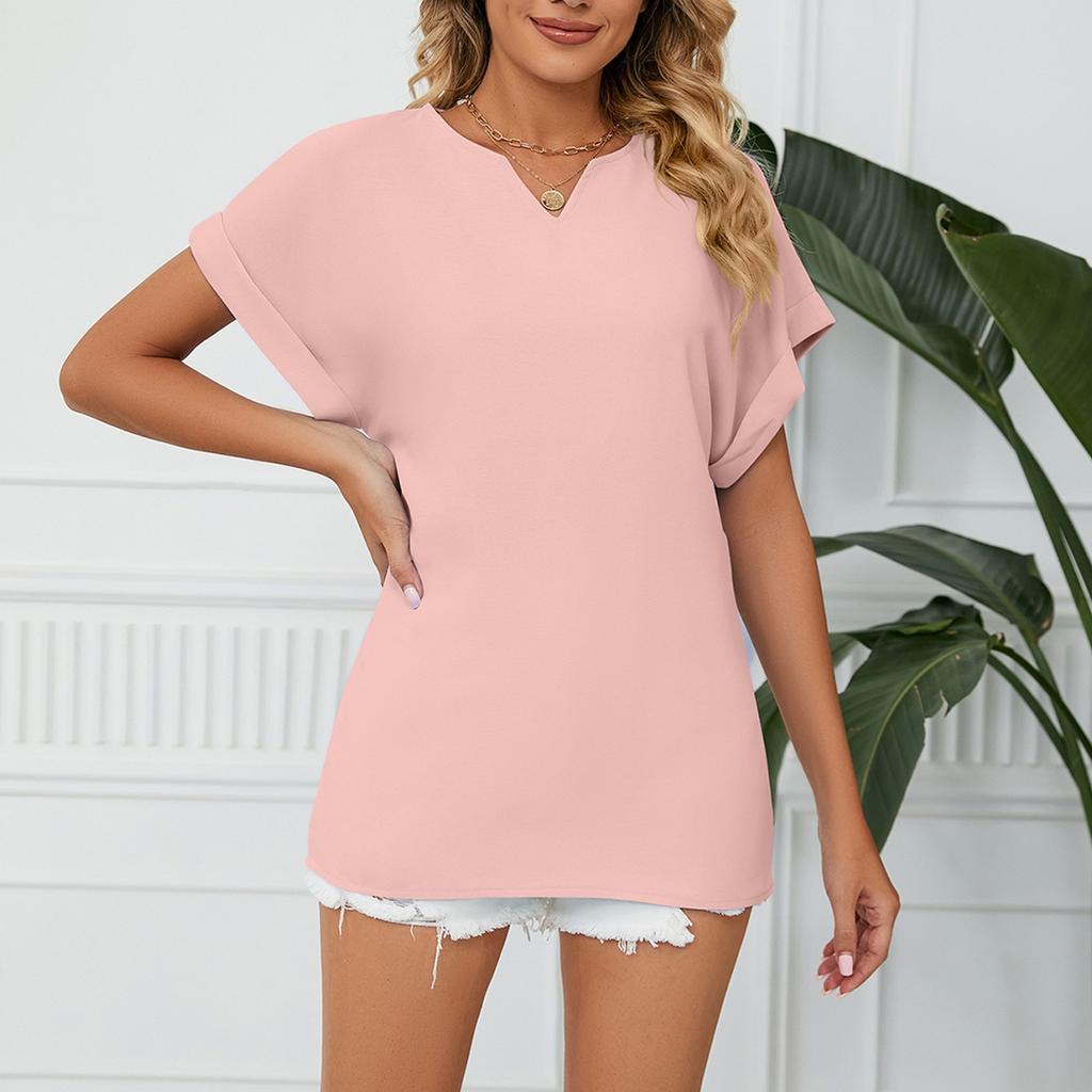 Женская мода повседневная весна и лето однотонная свободная шифоновая рубашка с V-образным вырезом и коротким рукавом