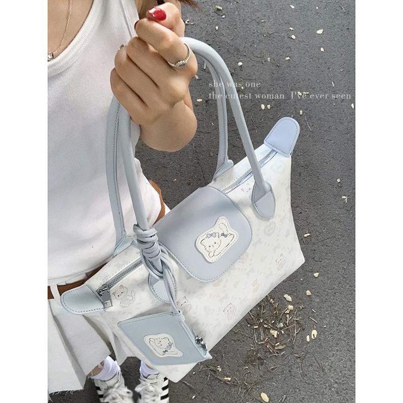 Korean Version of Summer Blue Kitten Print Handbag Bag for Women 2025 New Fashion Tote Bag Large Capacity Underarm Bag