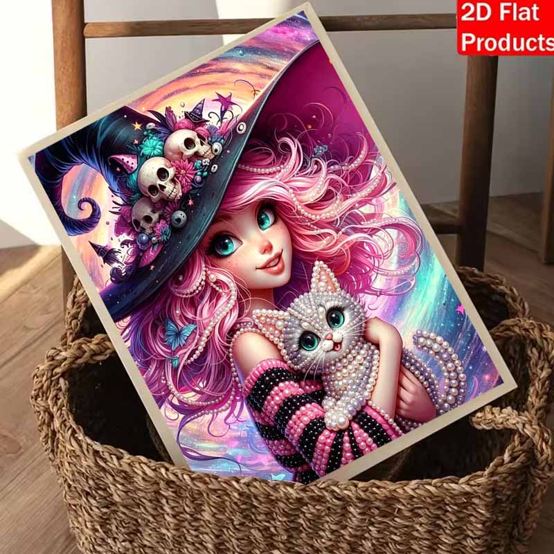 Halloween pearl painting art full pearl handmade diy home decorations witch with cat design vibrant colorful aesthetic wall art decor