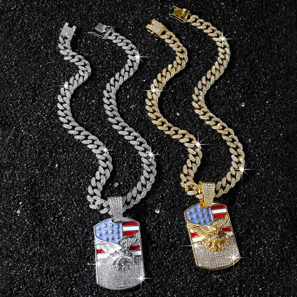 Iced Out American Flag Eagle Charm Pendant Necklace Crystal Cuban Chain Ideal Gift for Culture Lovers