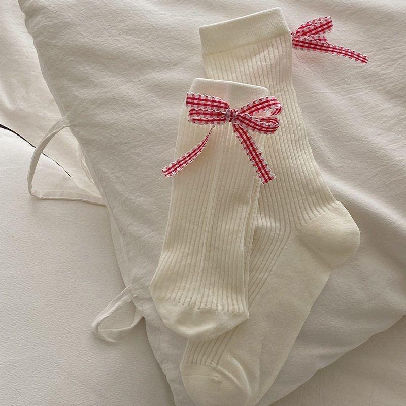 5 Pairs of New Spring and Summer Women's Plaid Bow Mid Calf Stacking Socks
