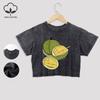 Вкусные хлопковые кроп-топы с принтом дуриана, модные летние футболки с кружевной отделкой, выстиранные футболки обычной посадки, состаренные топы, повседневная одежда