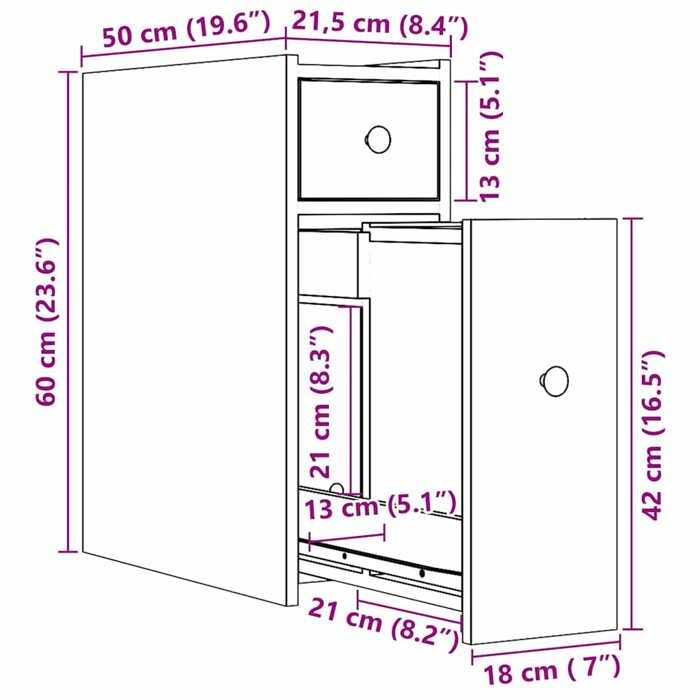 VidaXL Armoire de salle de bain étroite avec roulettes chêne marron, armoire de salle de bain haute, rangement de salle de 855292