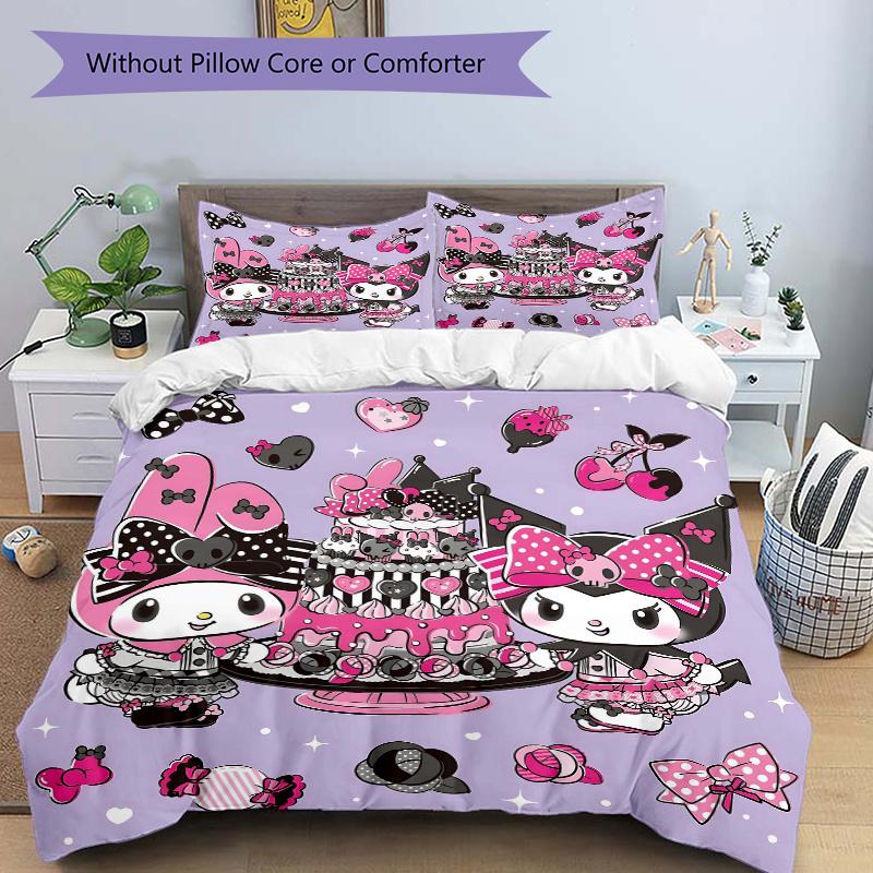 3pcs My Melody and Kuromi Celebrate Printed Quilt Set - Includes 1 Quilt Cover and 2 Pillowcases, Machine Washable - Suitable for All Seasons.H07