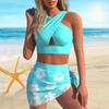 Women's Shoulder Strap Swimsuit Green Summer Printed Bikini Short Tank Top Swimsuit