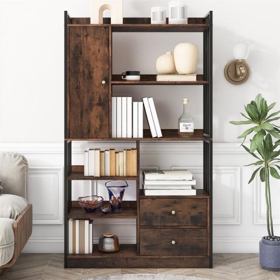 Bookcase, 6 Shelf Bookcase with Doors And Drawers Floor To Ceiling Bookcase, Industrial Bookcase, Steel Shelf,
