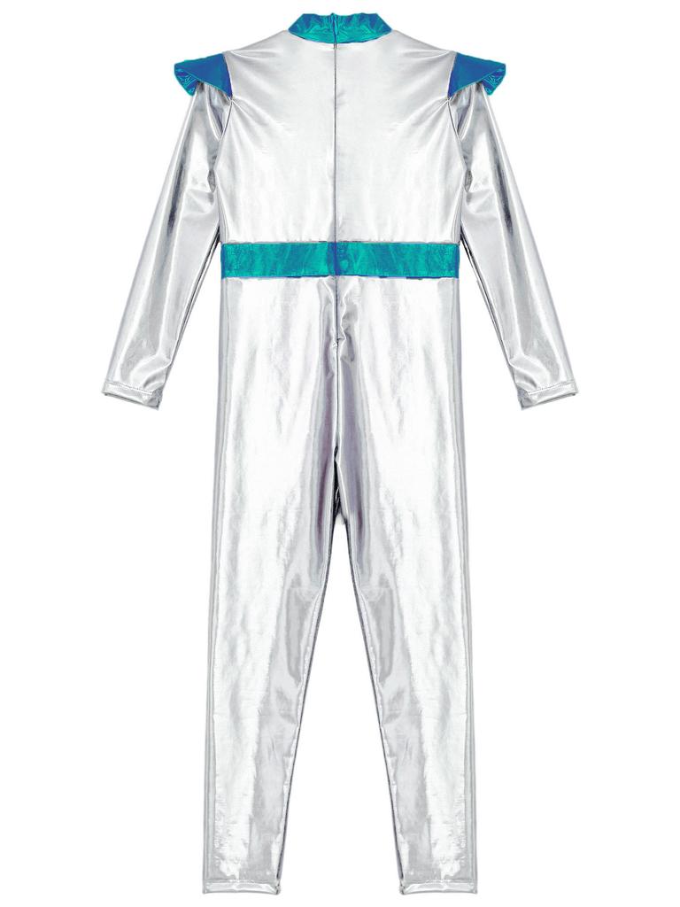 Girls Alien Cosplay Costume Space Astronaut Robot Jumpsuit Long Sleeve Shiny Metallic Bodysuit For Halloween Christmas Dress Up