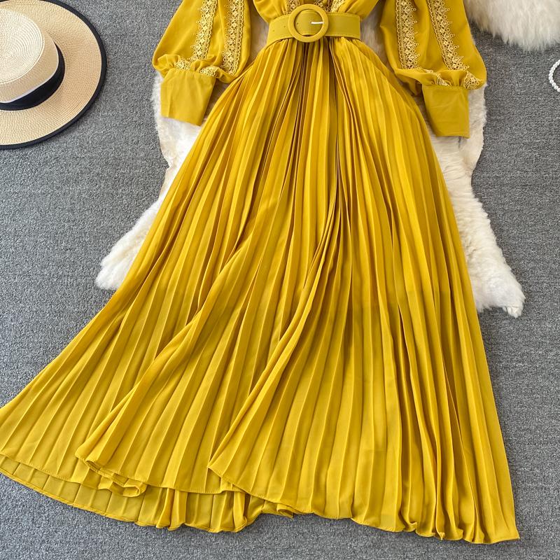 RUGOD Плиссированное платье с v-образным вырезом и вышивкой на талии в этническом стиле, темпераментное большое распашное платье