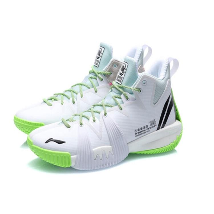 Li Ning Badfive 1 Badfive Износостойкие Амортизирующие Нескользящие Средневысокие Баскетбольные Кроссовки Мужские Бело-Зеленые ABFQ015-2
