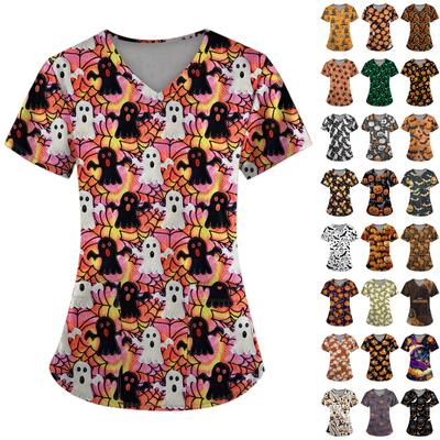 Плюс размерСкраб с принтом Рабочая форма Топы для женщин Крест V-образным вырезом Хэллоуин Принт с короткими рукавами Забавные футболки Спецодежда Футболка с карманами