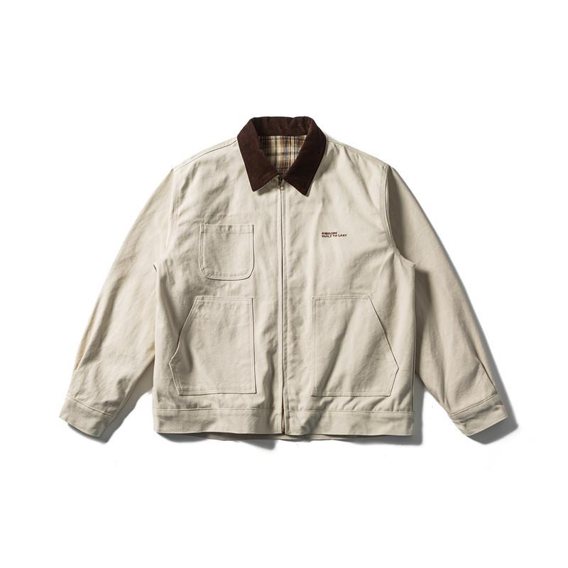 QIYOU 2025 Autumn Men's Japanese Retro Color Block Embroidered Lapel Jacket with Large Pockets