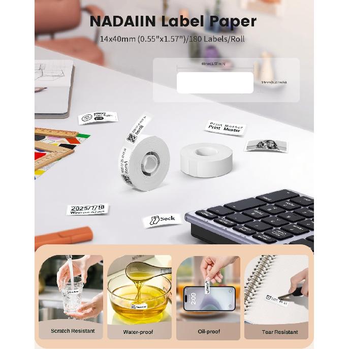 N12 Label Maker Tape N12 Labels, Black on White Thermal Paper Self-Adhesive Label Tape Refill, 14x40mm (0.55"x1.57") 180 Labels/Roll, 3-Roll, White