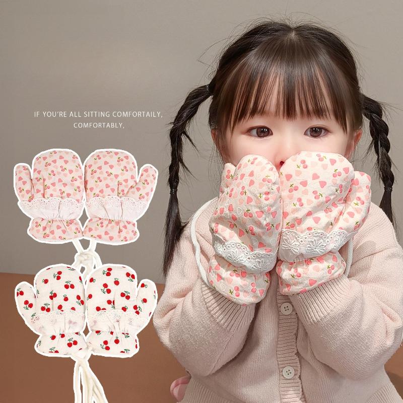 Fashion Baby Mittens Cute Floral Print Lace Winter Mittens for Girl Warm Plush Lined Thermal Toddler Kids Mittens