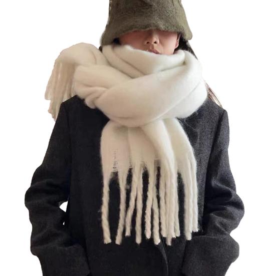 Women Winter Scarf Solid Color Lightweight Soft Warm Scarf with Tassel Trim Cold Weather Imitation Cashmere Scarf