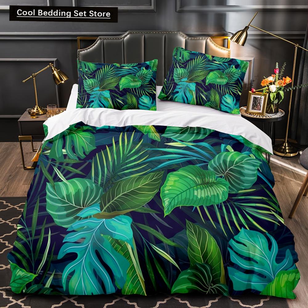 Тропические растения Цветочный пододеяльник King Queen Комплект постельного белья с зелеными пальмовыми листьями Кремовые цветы 2/3 шт. Полиэстеровый пододеяльник