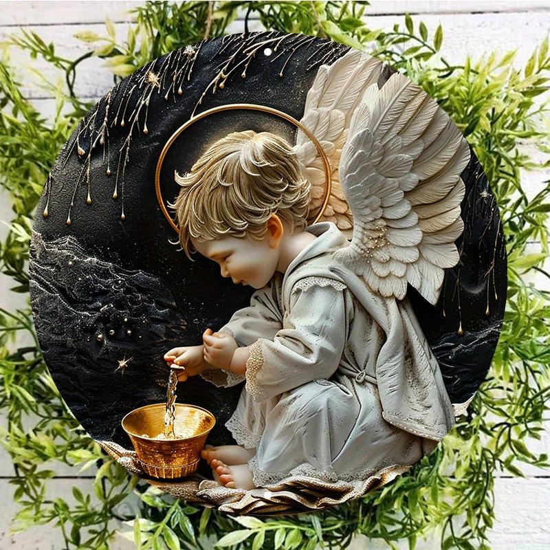 Маленький мальчик-ангел, деревянная табличка, декор для стены, деревянная, круглая художественная табличка, украшение для улицы или помещения, дверная вешалка, Angeli