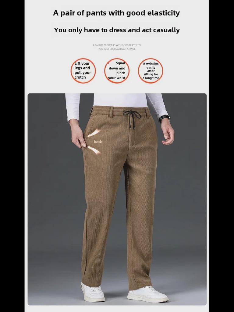 Вельветовые мужские брюки-стрейч с высокой талией: Плотные, свободные, прямые брюки на осень/зиму