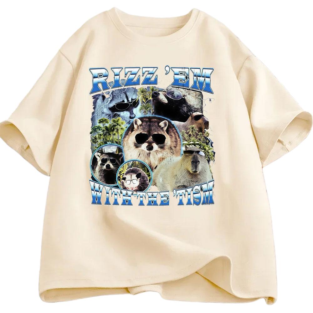 Rizz Em with The Tism Fun Dolphin Raccoon Tshirt Summer Mens Womens Casual Cotton Fashion Oversized Street Y2K Tshirt