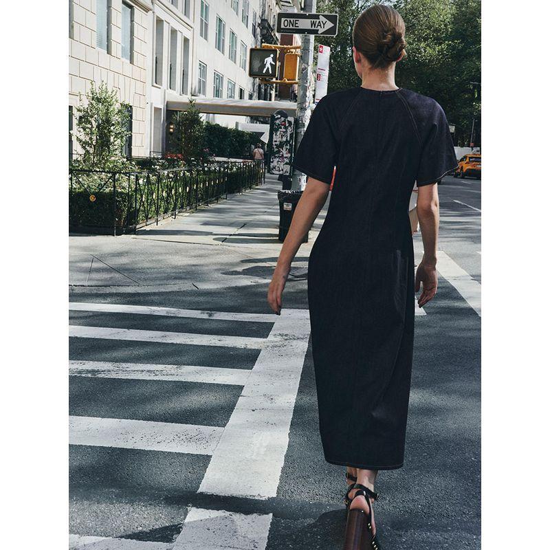 Za2025 Summer New Women Clothes Round Neck Short Sleeve Waist Hugging Slimming Denim Long Dress 2183242 407