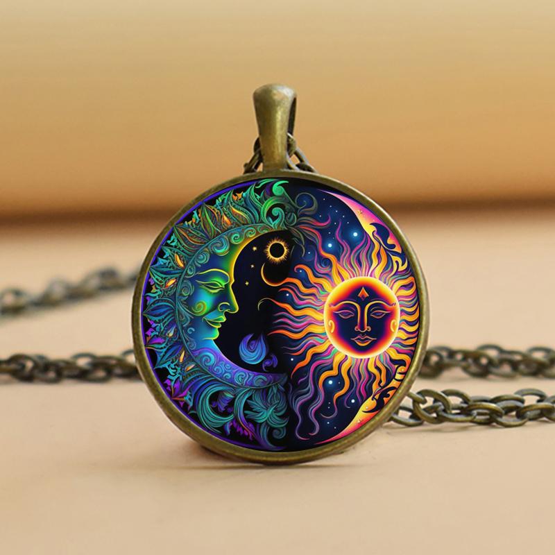 Moon and Sun Glass Cabochon Pendant, Moon and Sun Necklace, Moon Sun Jewelry for Women