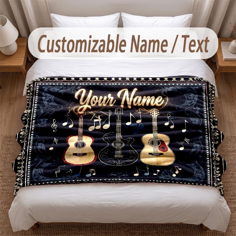Music Guitar Theme Soft Blanket Personalized Custom Name Text Print Warm Blanket Home Sofa Bedroom Decor