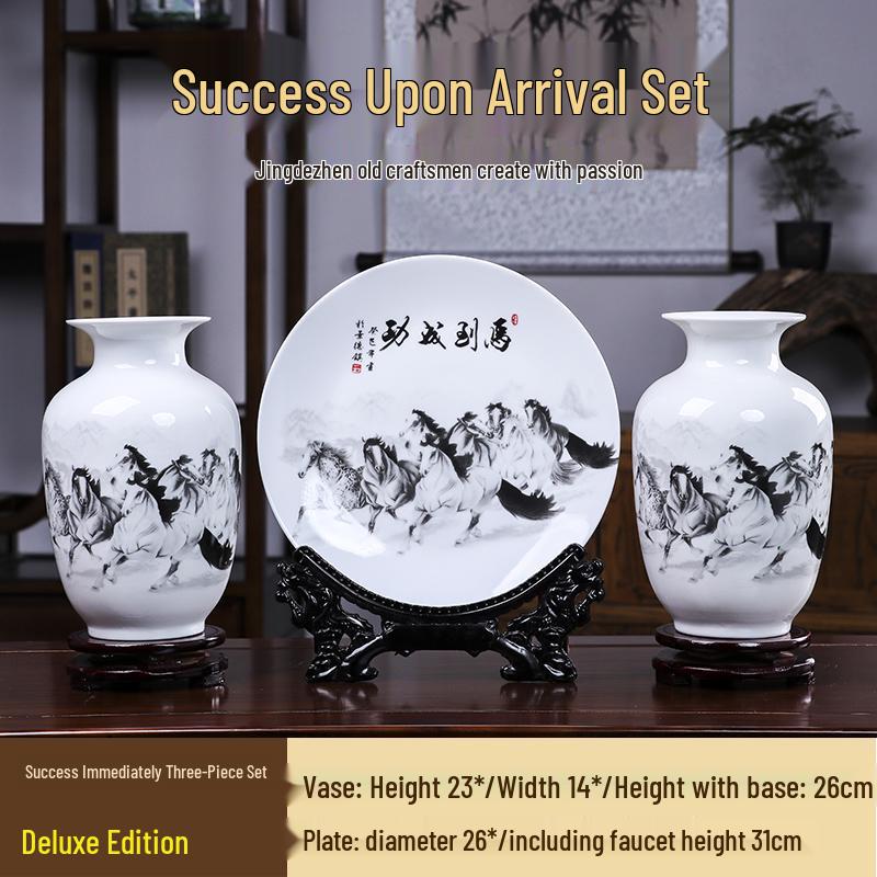 Good Fortune Jingdezhen Ceramic Vase Set: 3-Piece Décor for Living Room, Curio Shelf, or TV Cabinet